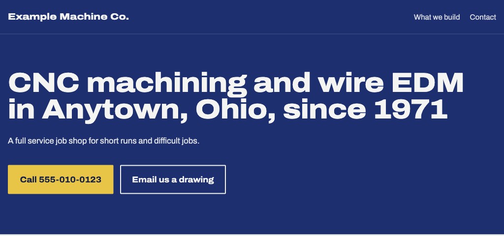 The same shop's new website with a large headline, a call button and an email button
